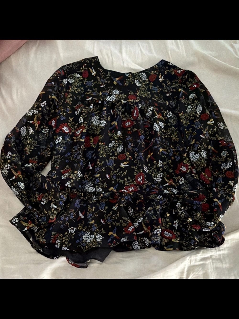 Madewell Women's Black Floral Long-Sleeve Peplum Blouse